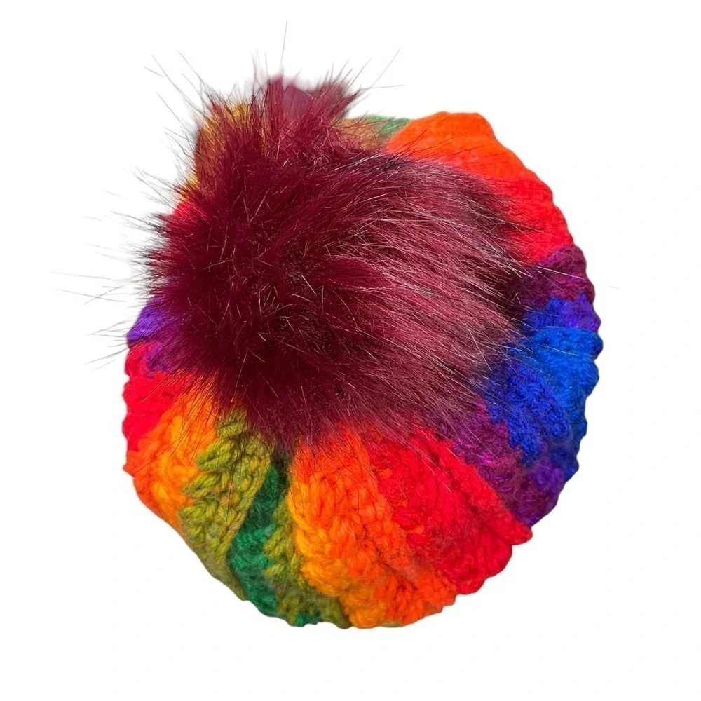 Handcrafted Crochet Multicolor Winter Hat Snowy Wheat Knit Beanie with Pom Pom